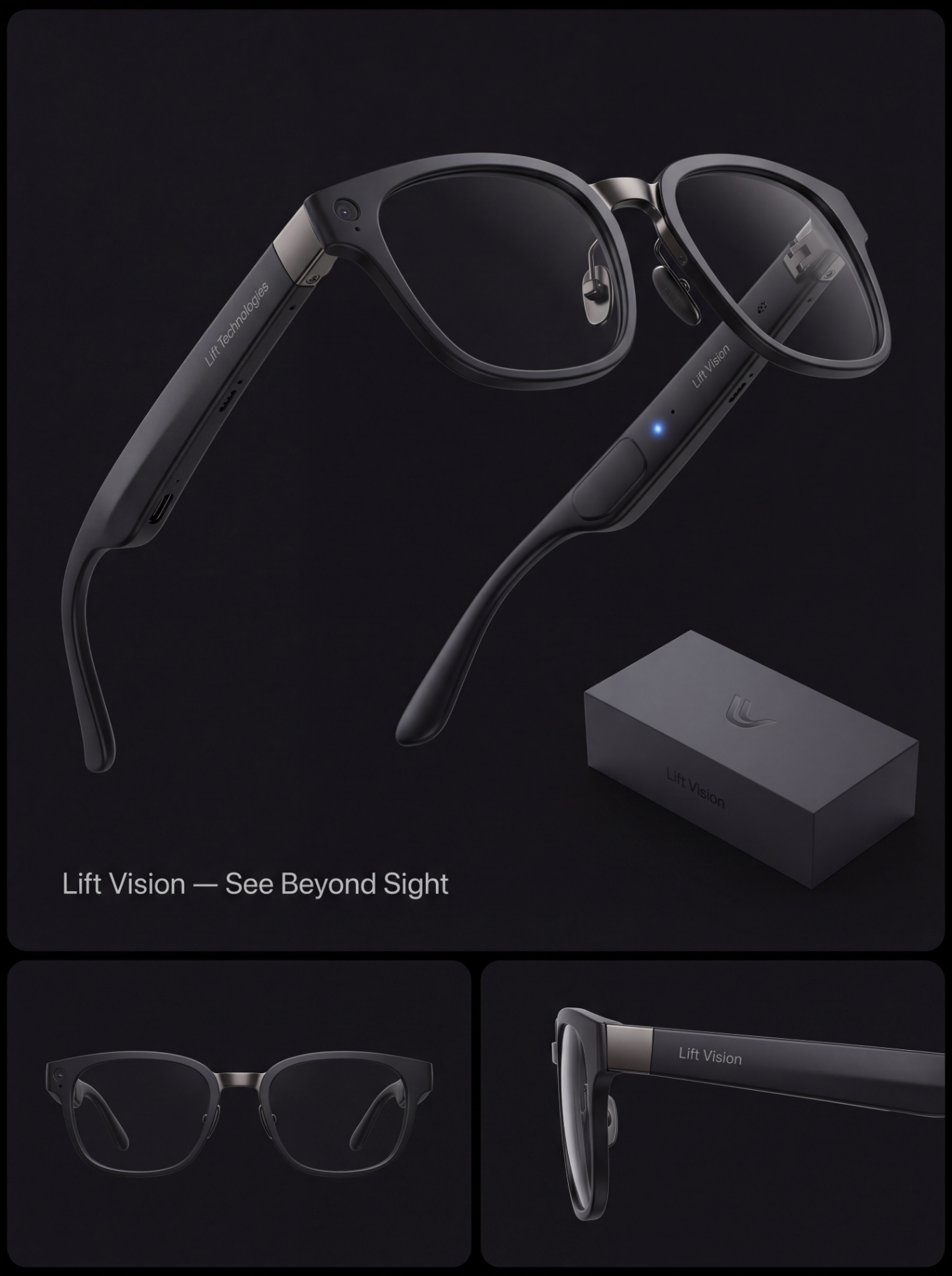 Lift Vision smart glasses floating above their charging case, with a front view and side detail showing the sleek titanium frame and discreet audio components